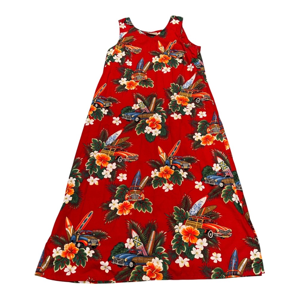 Hilo Hatties Hawaiian Red Woody Surf Wagon Tropical Floral Dress Women's M